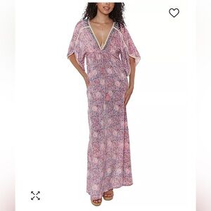 Raga Baran Pink Paisley Plunge Tassel Kimono Sleeve Maxi Dress